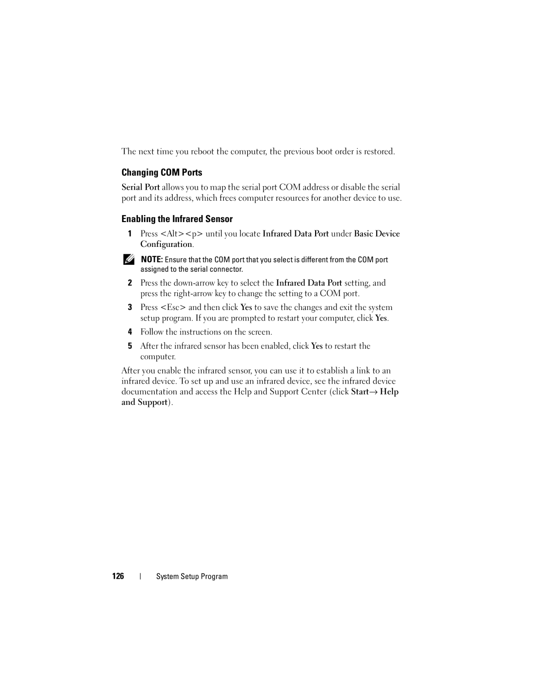 Dell D530 manual Changing COM Ports, Enabling the Infrared Sensor 