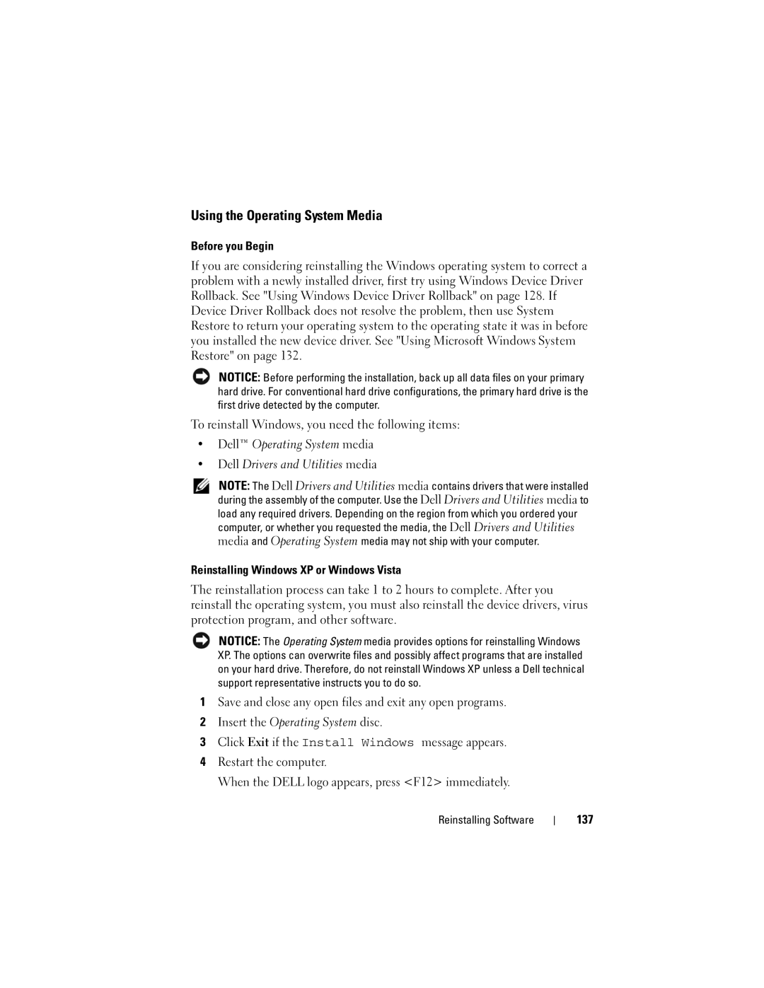 Dell D530 manual Using the Operating System Media, 137 