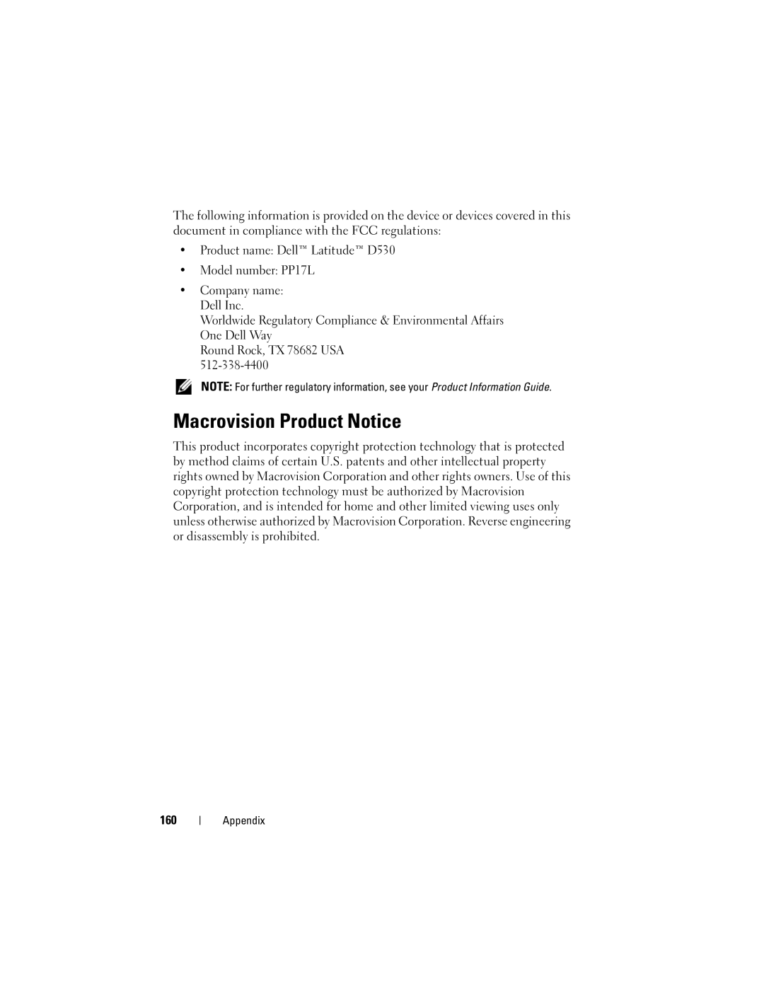 Dell D530 manual Macrovision Product Notice 