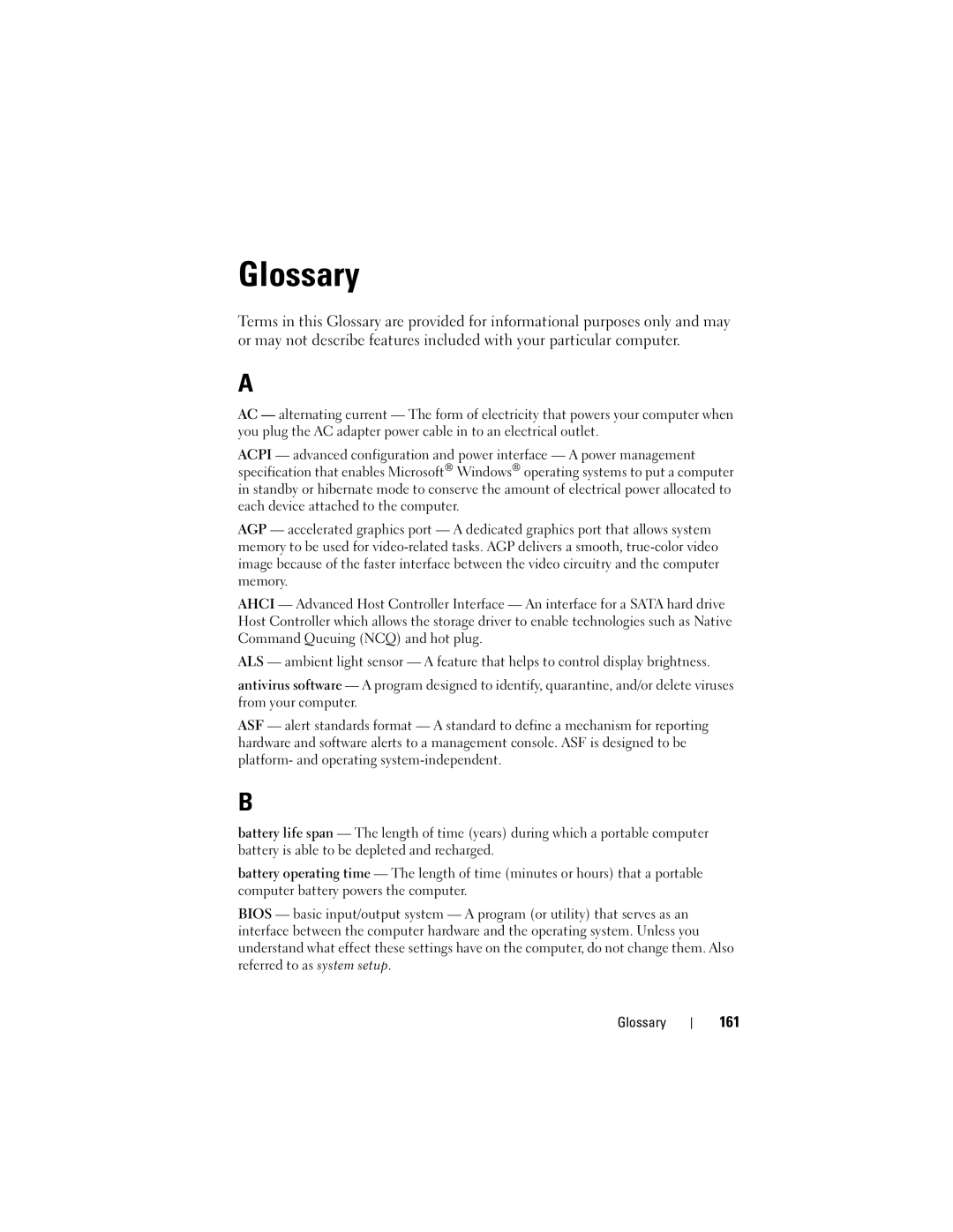 Dell D530 manual Glossary, 161 