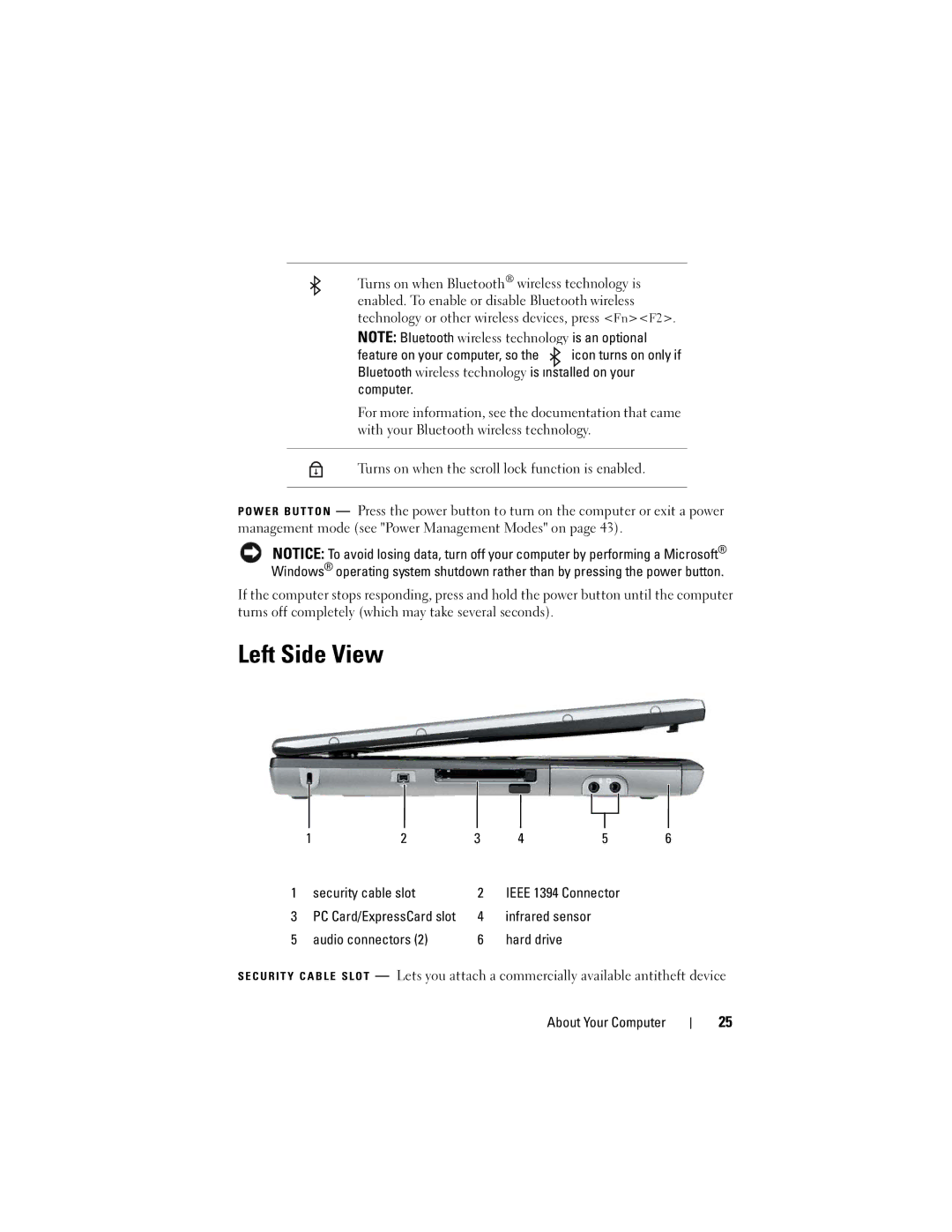 Dell D530 manual Left Side View, Security cable slot Ieee 1394 Connector, Audio connectors Hard drive 