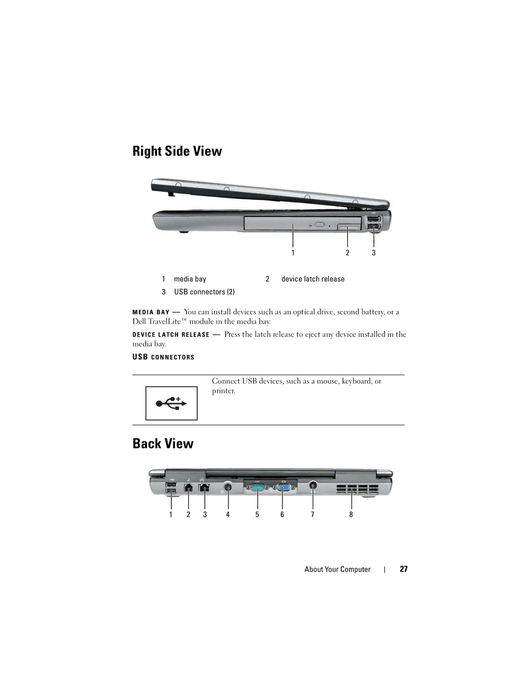 Dell D530 manual Right Side View, Back View, Media bay Device latch release USB connectors 