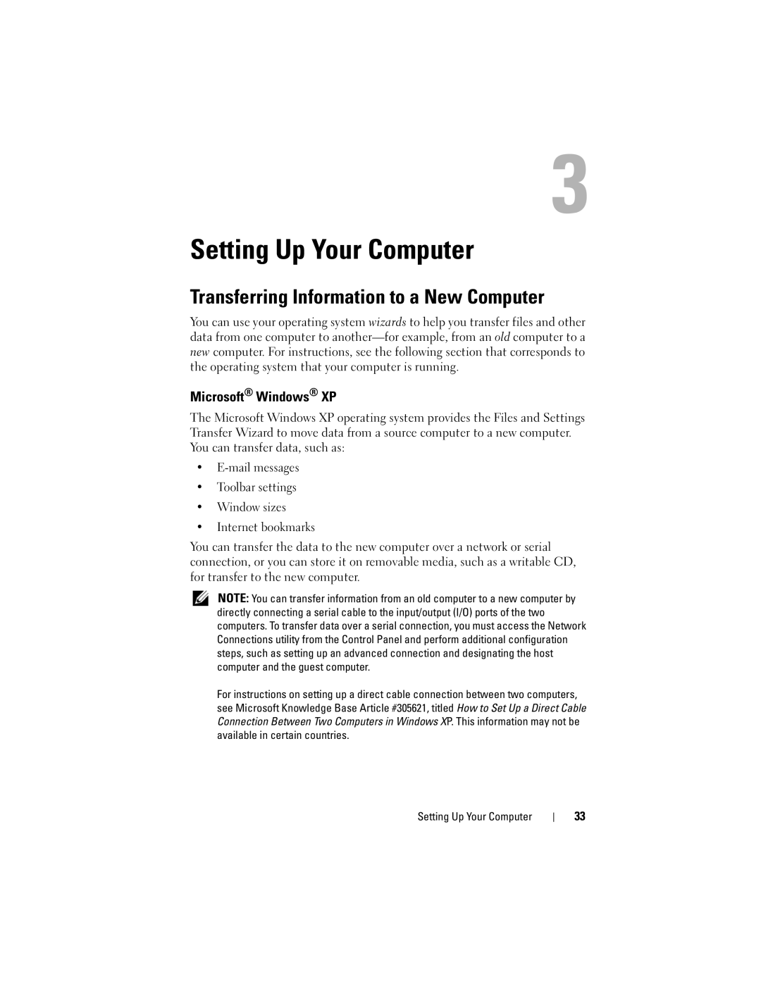 Dell D530 manual Setting Up Your Computer, Transferring Information to a New Computer, Microsoft Windows XP 