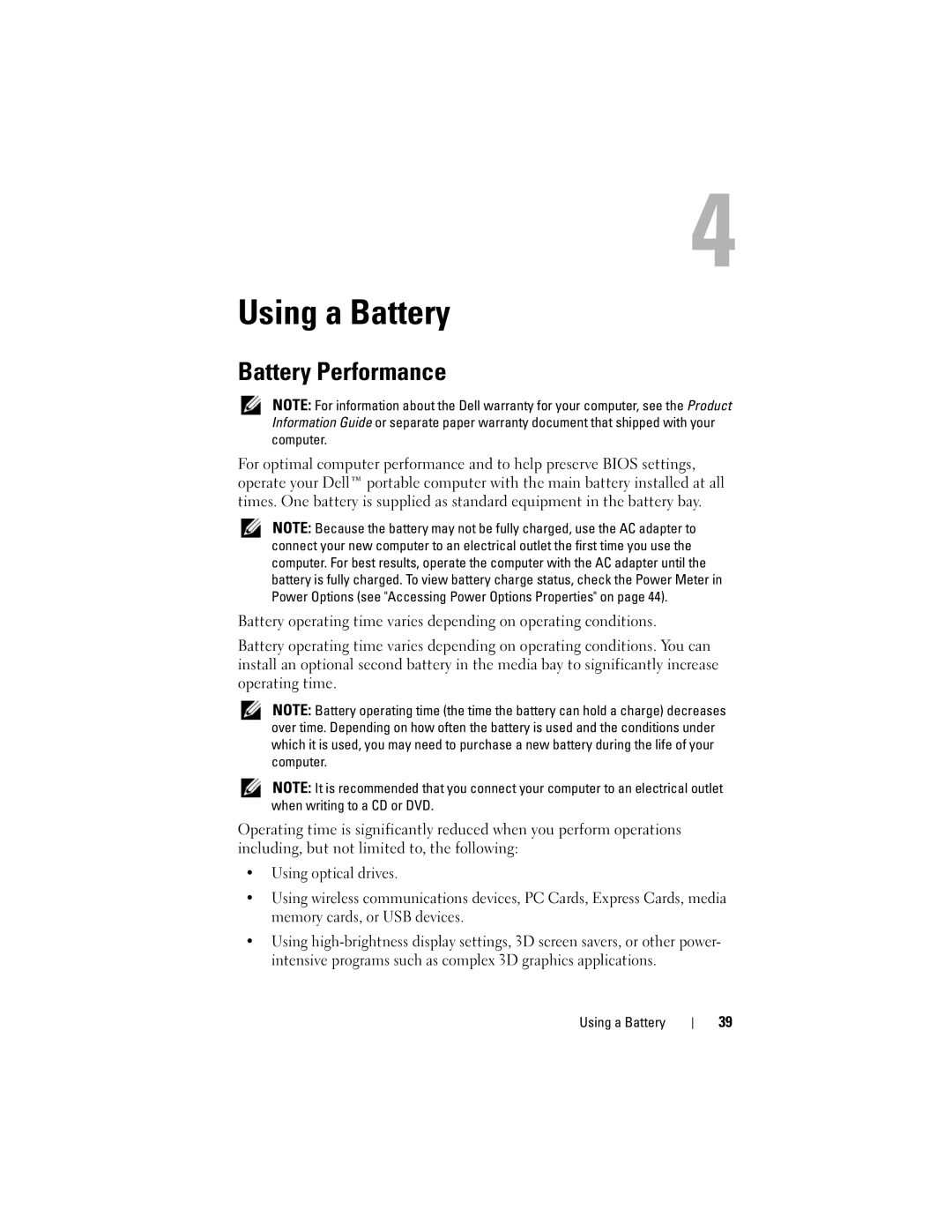 Dell D530 manual Using a Battery, Battery Performance 