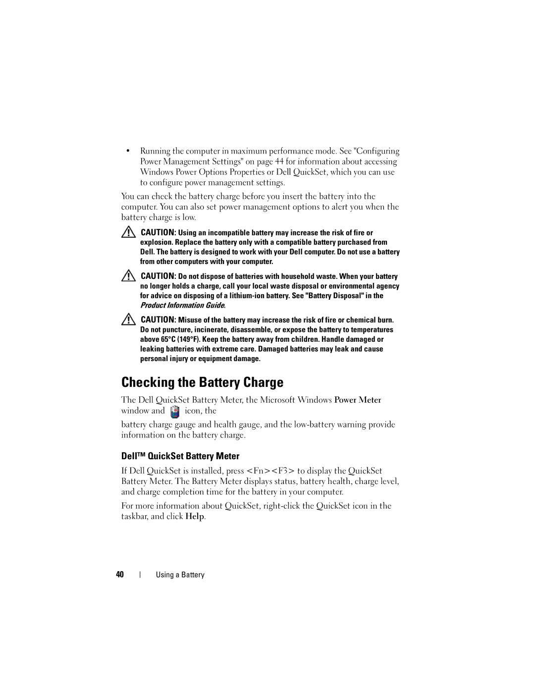 Dell D530 manual Checking the Battery Charge, Dell QuickSet Battery Meter 