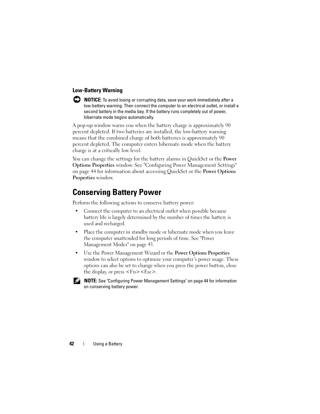 Dell D530 manual Conserving Battery Power, Low-Battery Warning 