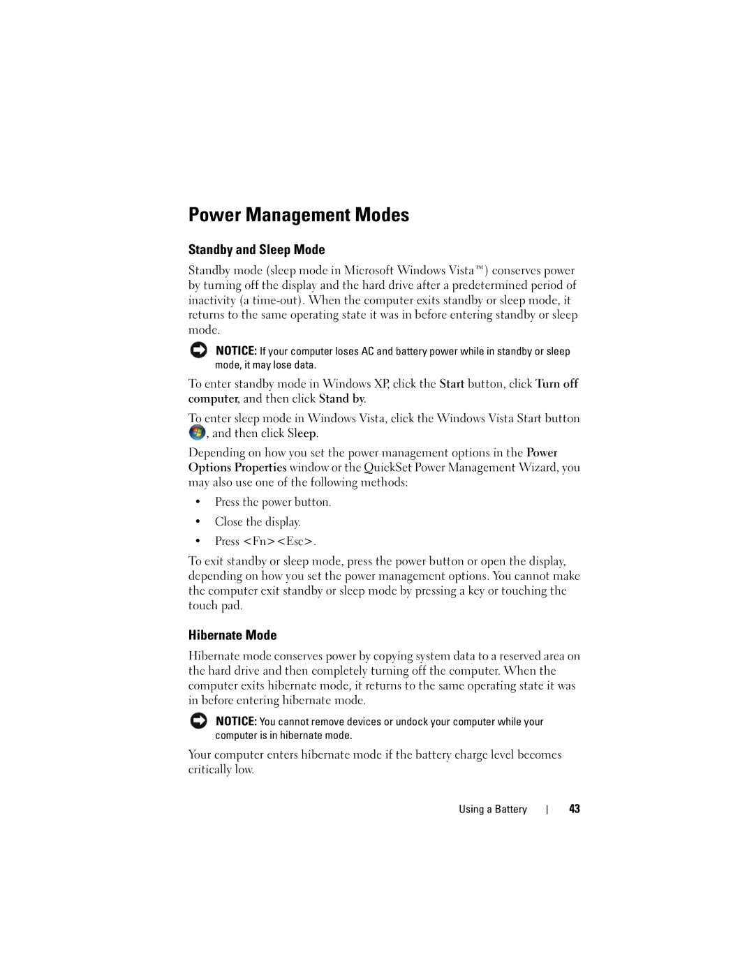 Dell D530 manual Power Management Modes, Standby and Sleep Mode, Hibernate Mode 