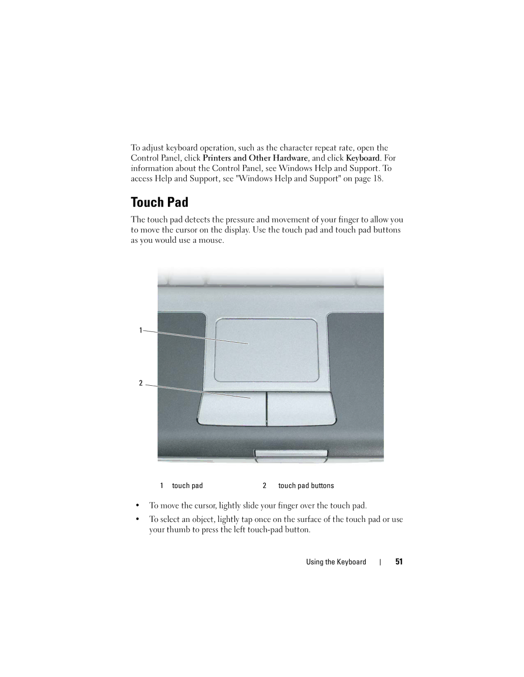 Dell D530 manual Touch Pad, Touch pad 