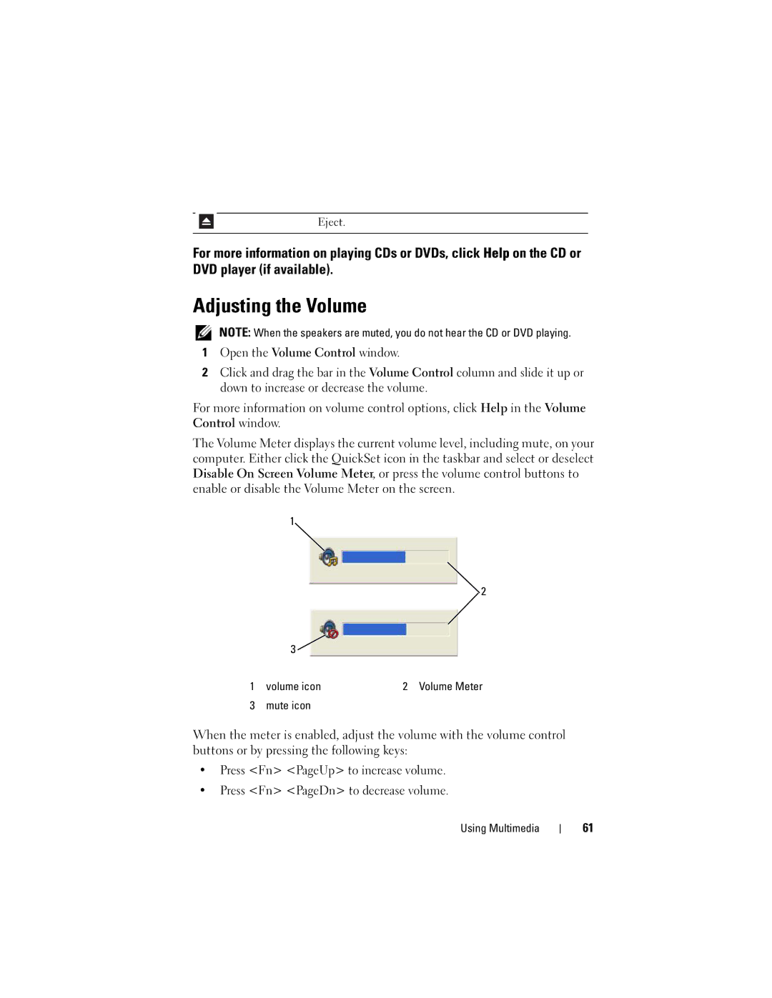 Dell D530 manual Adjusting the Volume, Volume icon Volume Meter Mute icon 