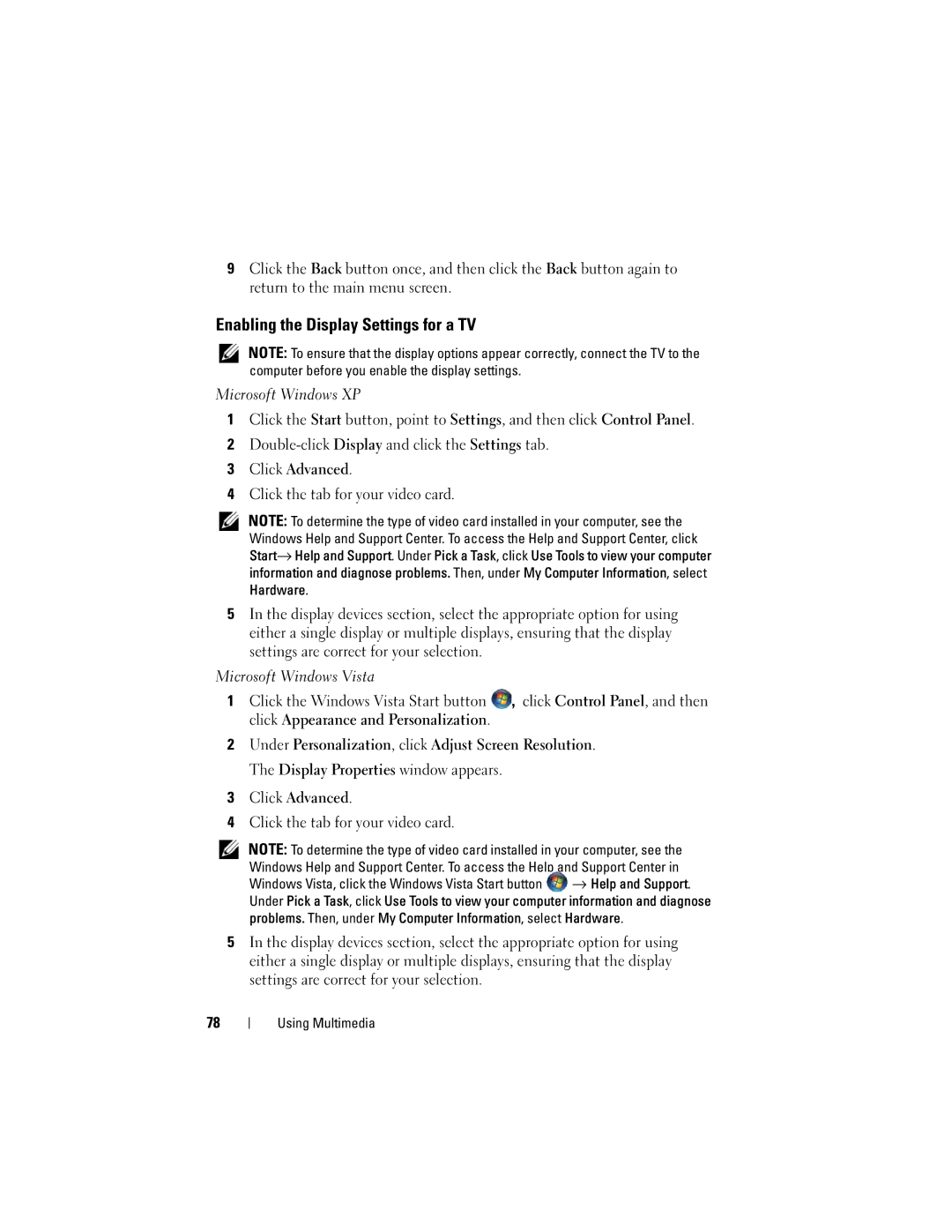 Dell D530 manual Enabling the Display Settings for a TV 