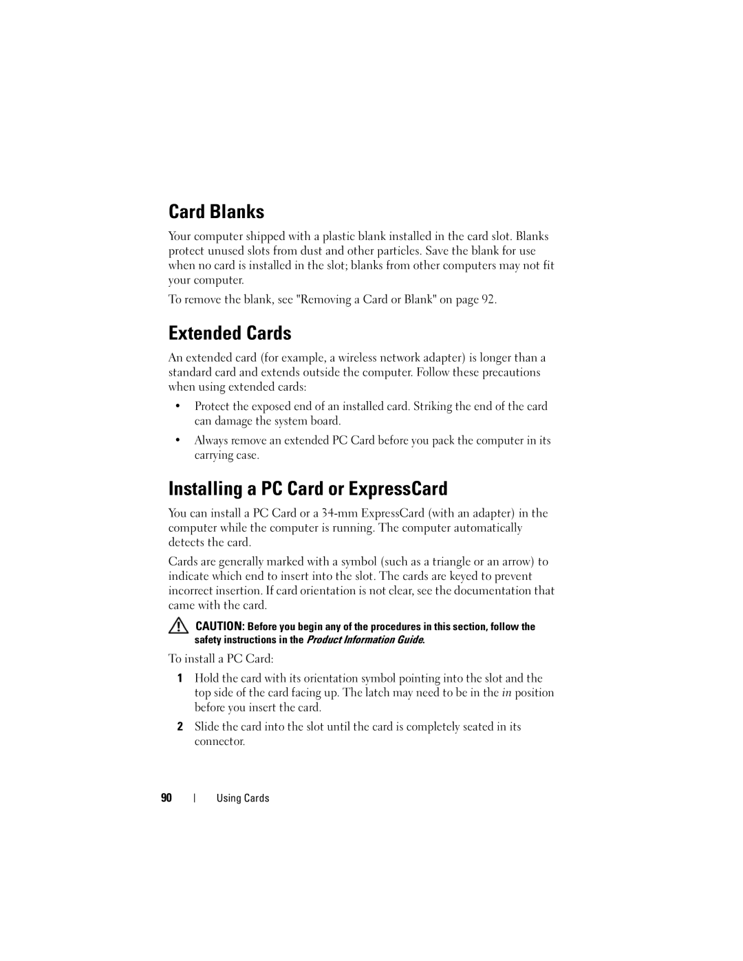 Dell D530 manual Card Blanks, Extended Cards, Installing a PC Card or ExpressCard 