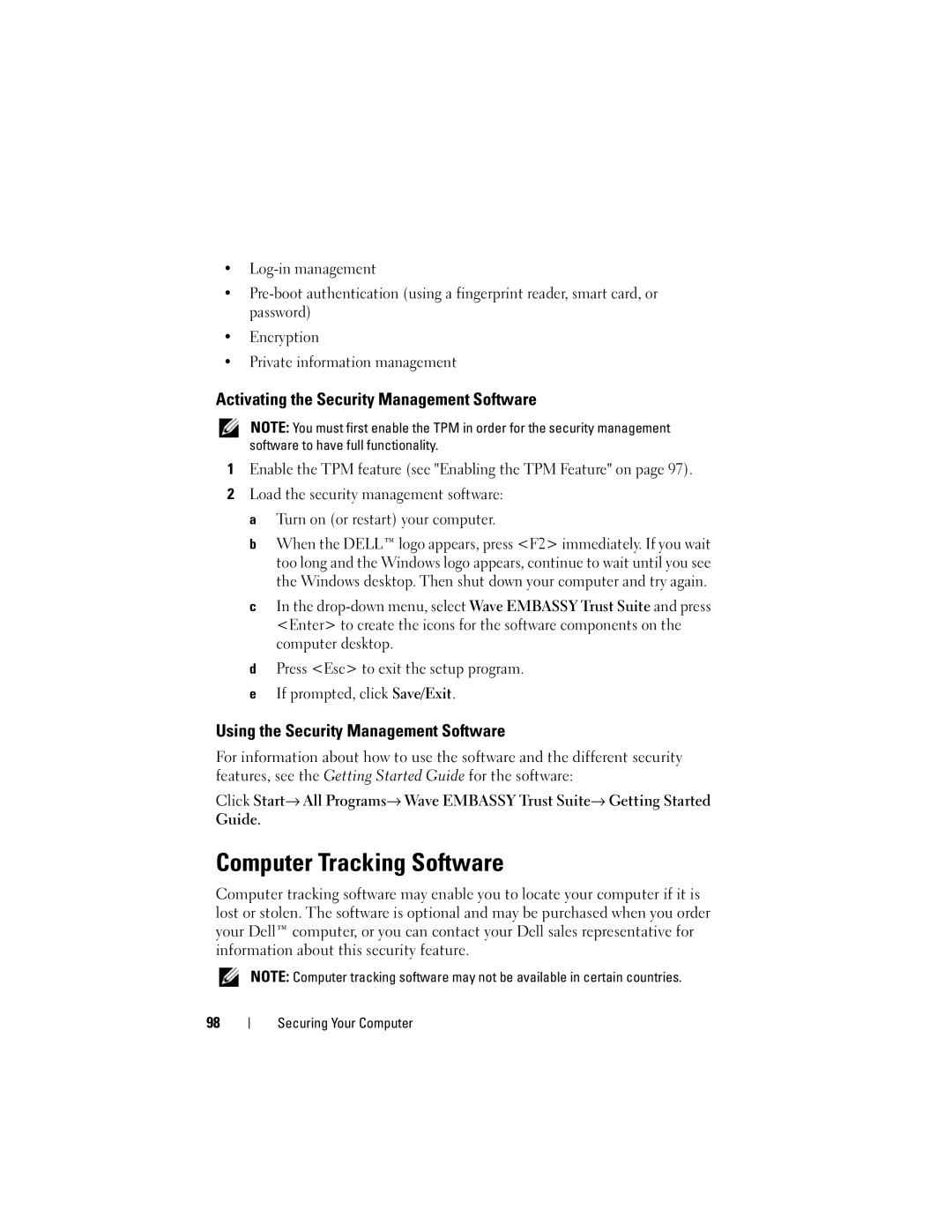 Dell D530 Computer Tracking Software, Activating the Security Management Software, Using the Security Management Software 