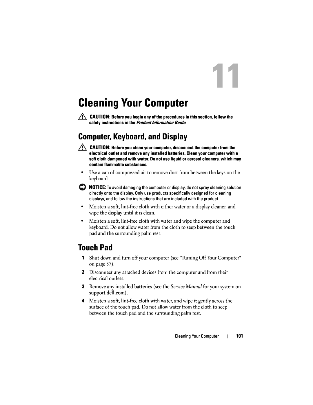 Dell D530 manual Cleaning Your Computer, Computer, Keyboard, and Display, Touch Pad 