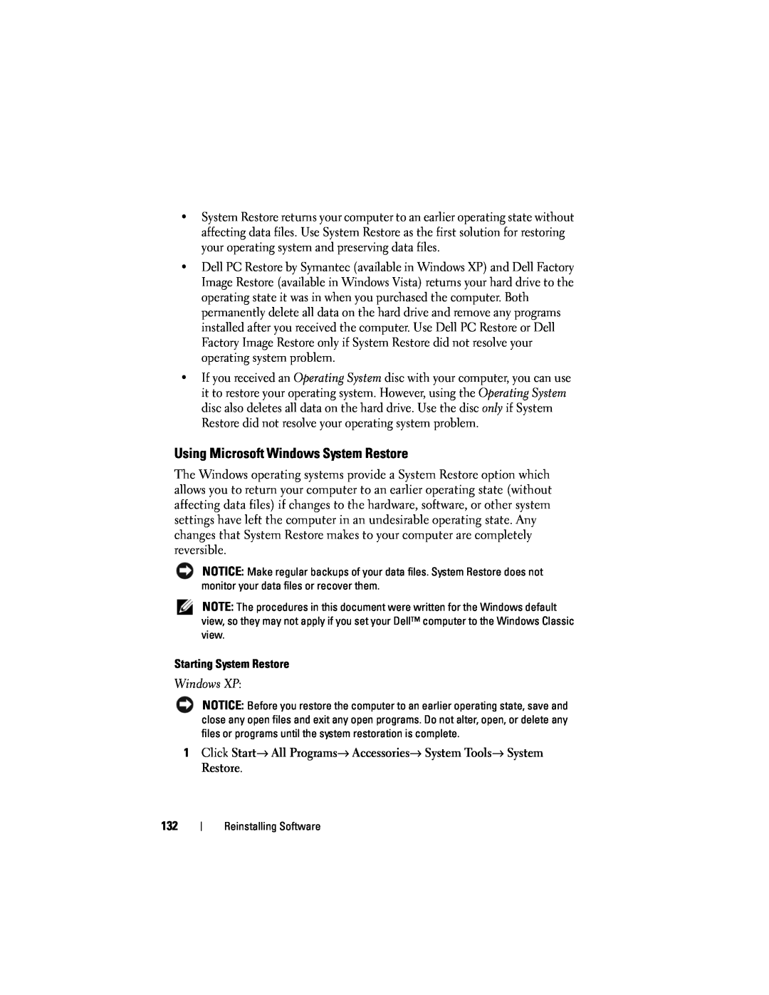 Dell D530 manual Using Microsoft Windows System Restore 