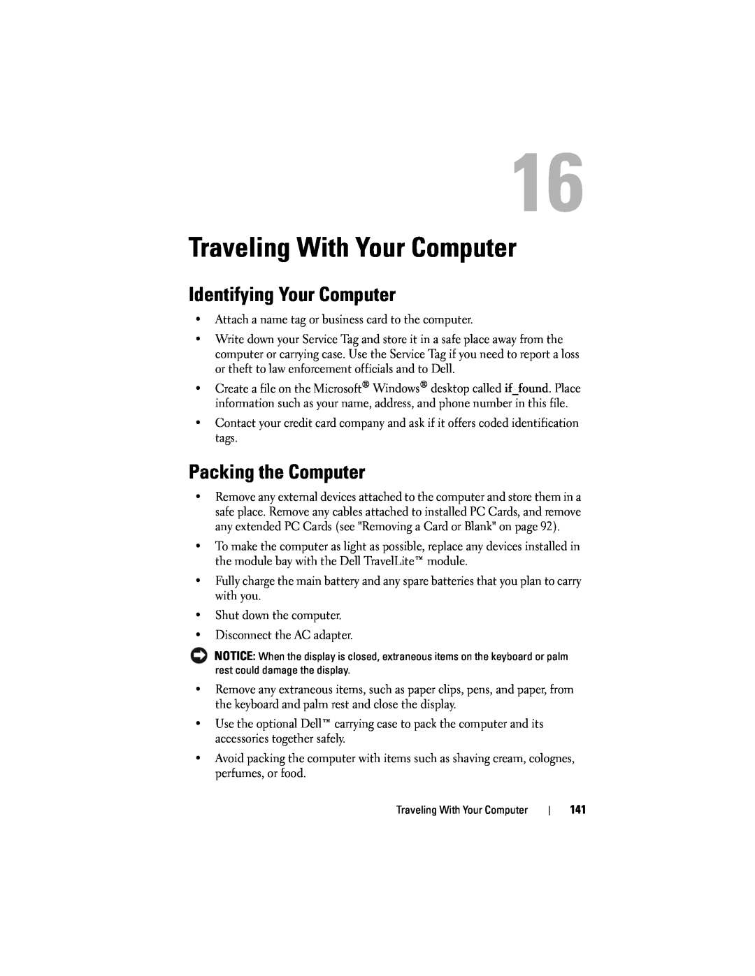 Dell D530 manual Traveling With Your Computer, Identifying Your Computer, Packing the Computer 