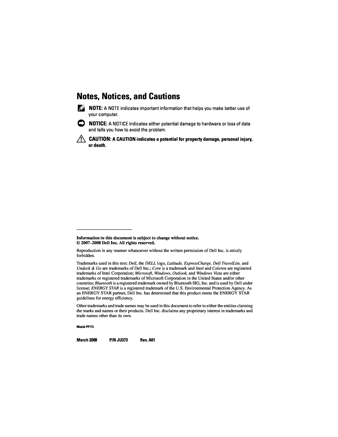 Dell D530 manual Notes, Notices, and Cautions, March, P/N JU373 
