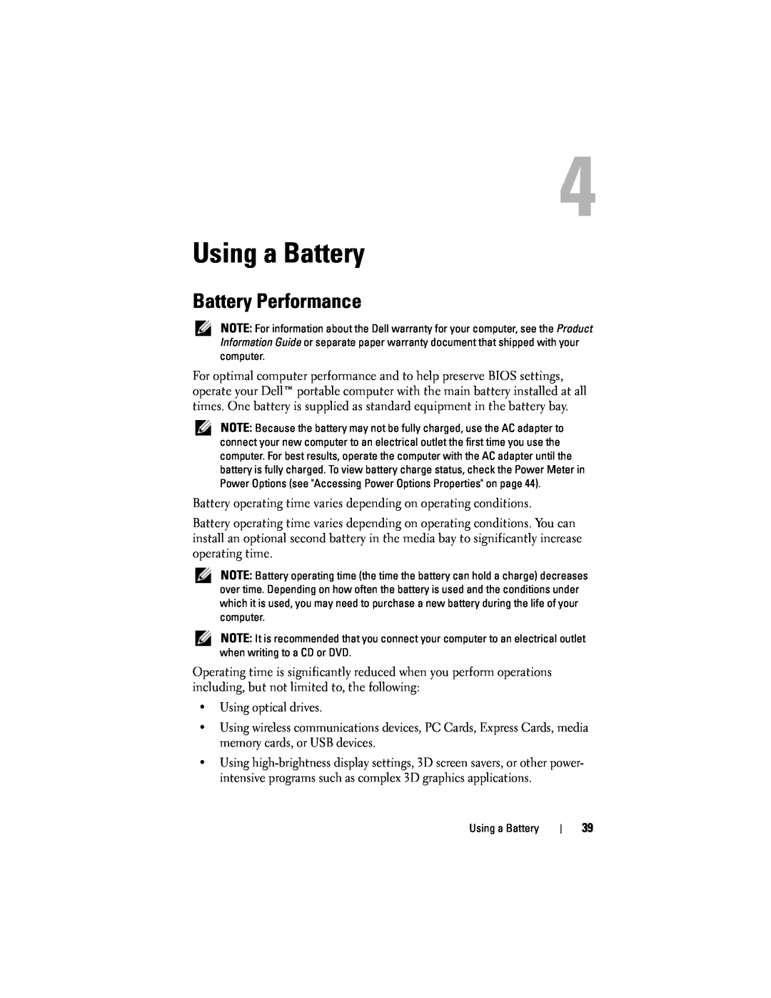 Dell D530 manual Using a Battery, Battery Performance 