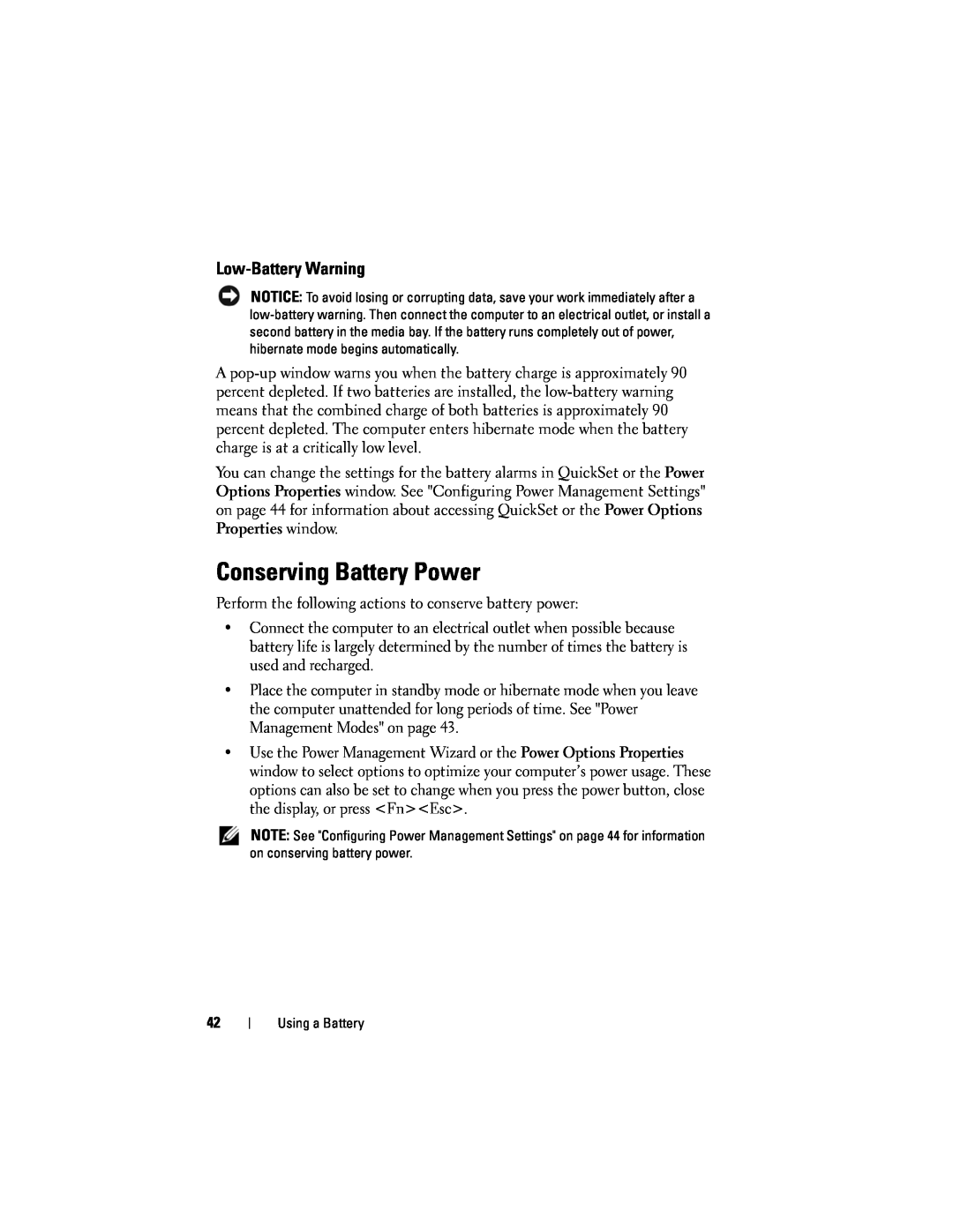 Dell D530 manual Conserving Battery Power, Low-Battery Warning 