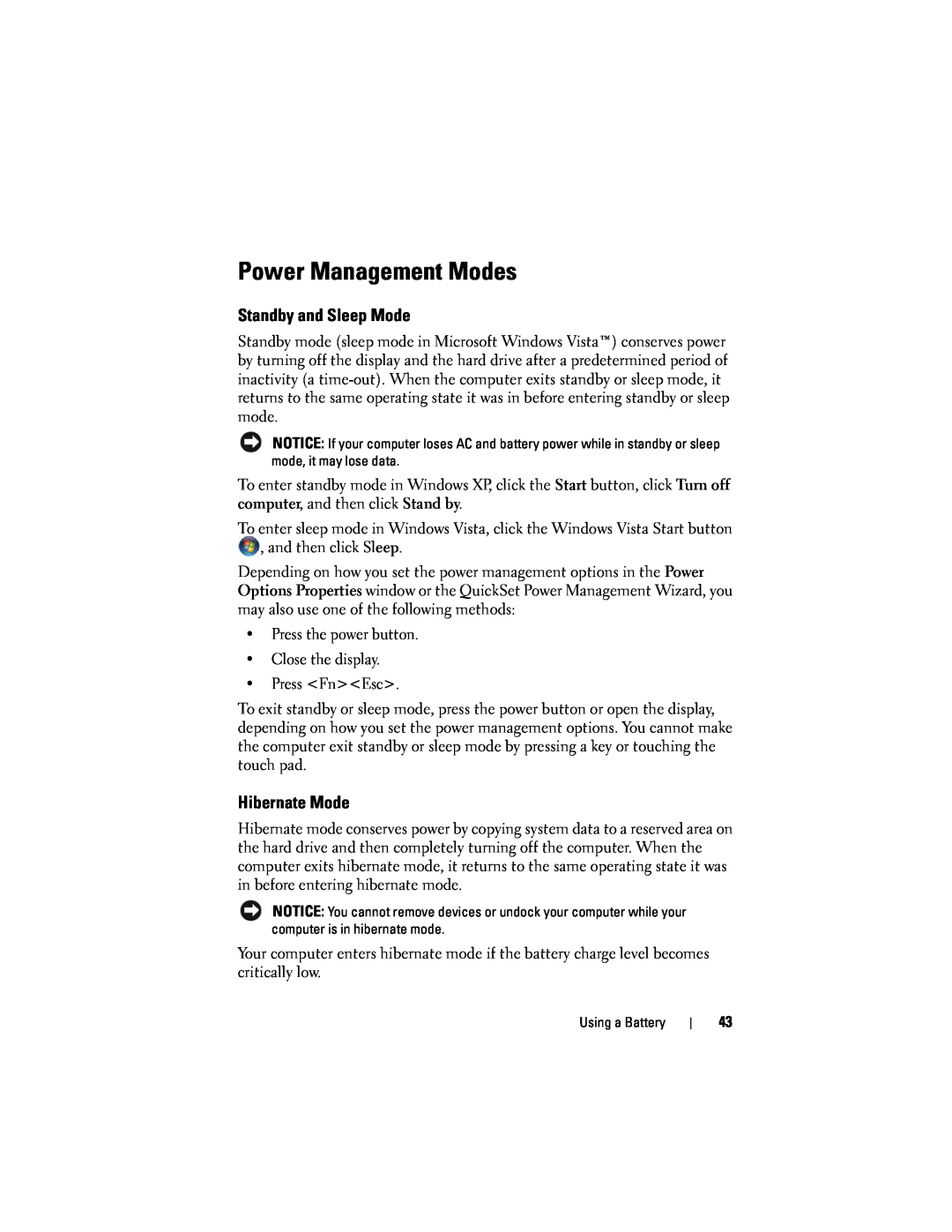 Dell D530 manual Power Management Modes, Standby and Sleep Mode, Hibernate Mode 
