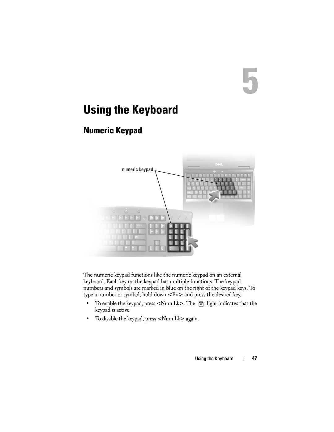 Dell D530 manual Using the Keyboard, Numeric Keypad 