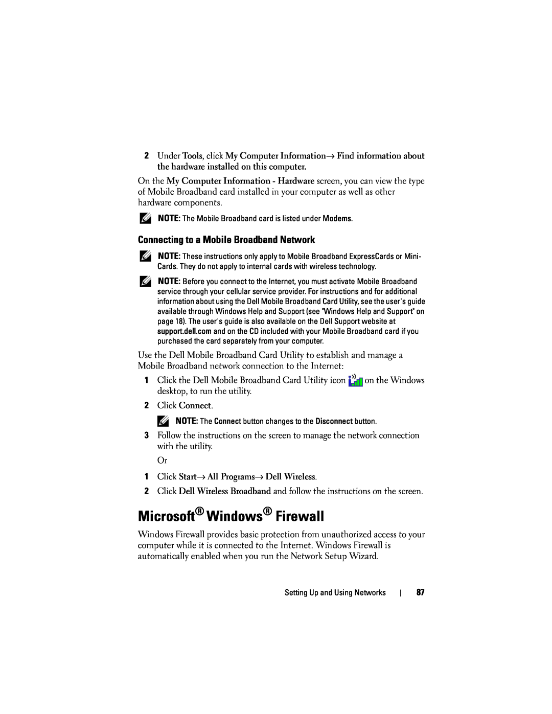 Dell D530 manual Microsoft Windows Firewall, Connecting to a Mobile Broadband Network 