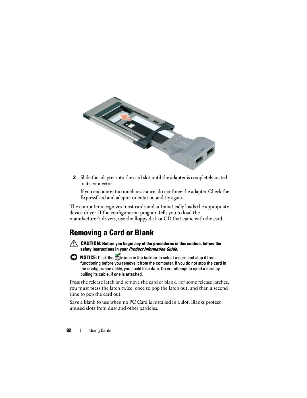 Dell D530 manual Removing a Card or Blank 