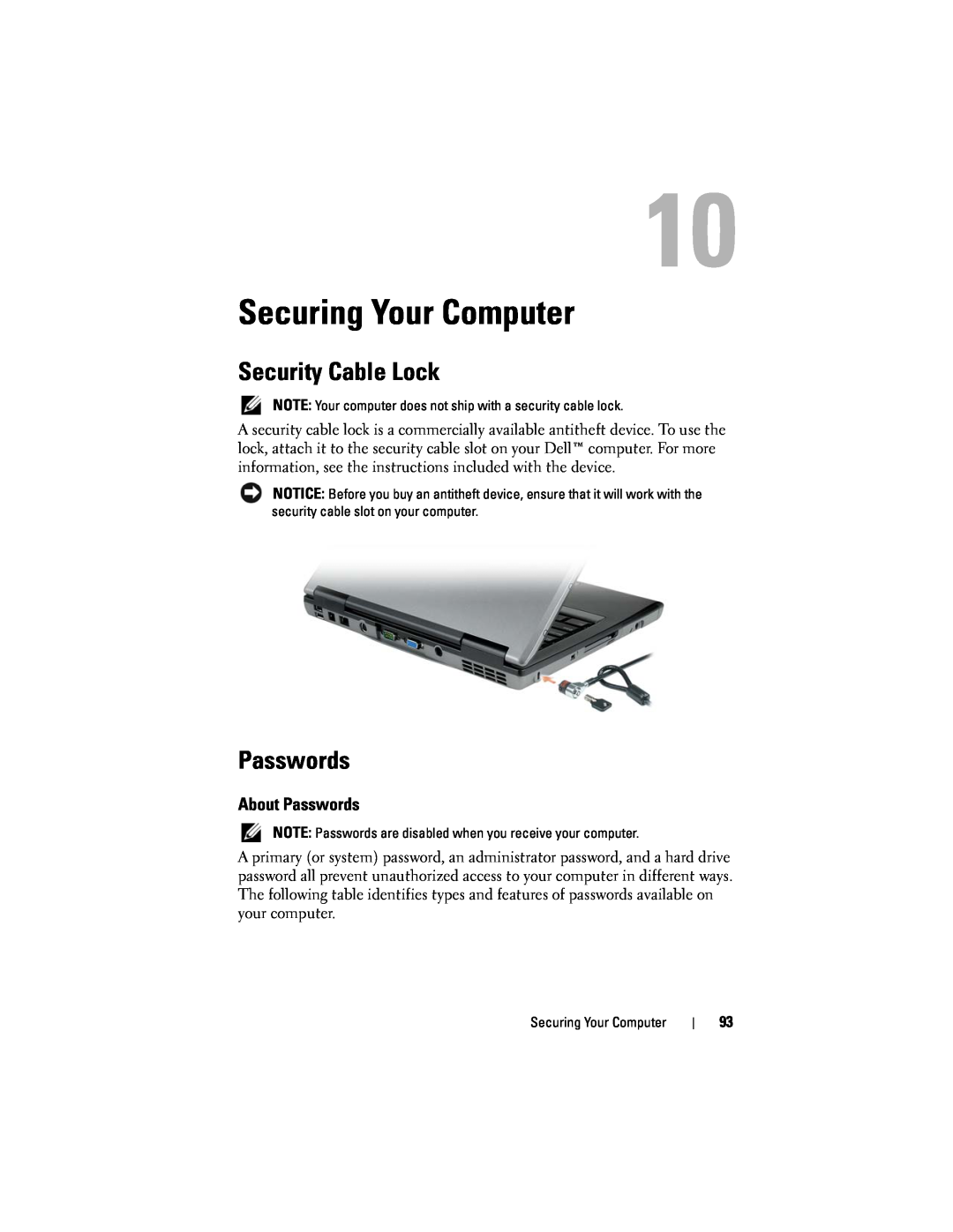 Dell D530 manual Securing Your Computer, Security Cable Lock, About Passwords 