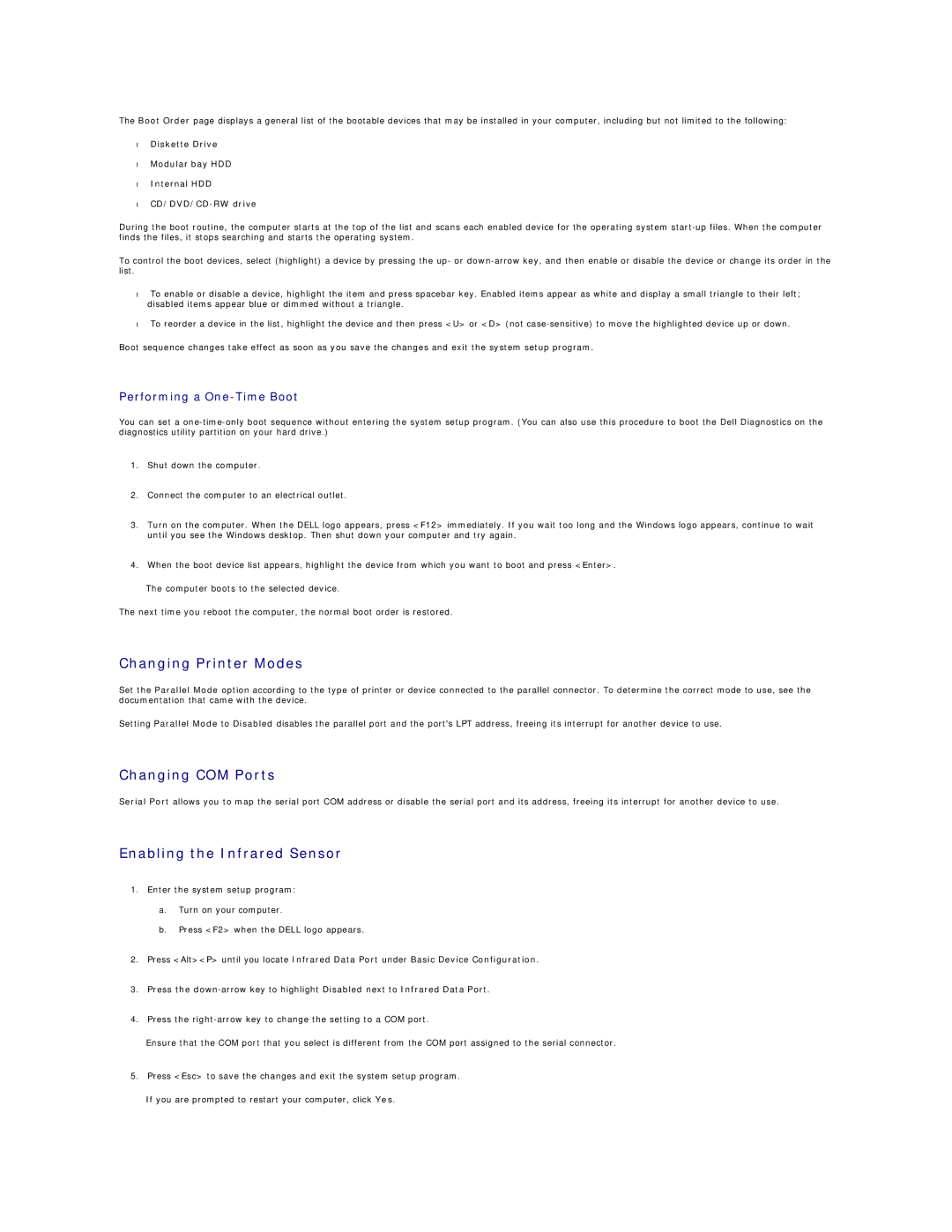 Dell D600 specifications Changing Printer Modes, Changing COM Ports, Enabling the Infrared Sensor 