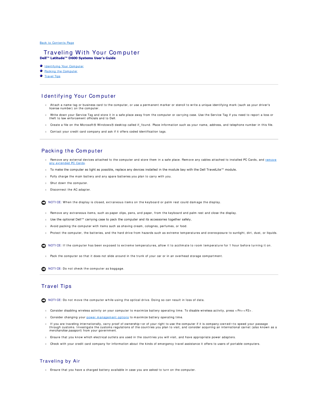 Dell D600 Traveling With Your Computer, Identifying Your Computer, Packing the Computer, Travel Tips, Traveling by Air 