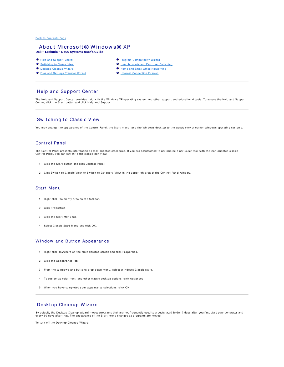 Dell D600 About Microsoft Windows XP, Help and Support Center, Switching to Classic View, Desktop Cleanup Wizard 