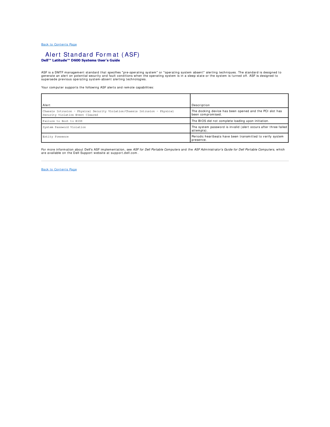 Dell D600 specifications Alert Standard Format ASF, Alert Description 