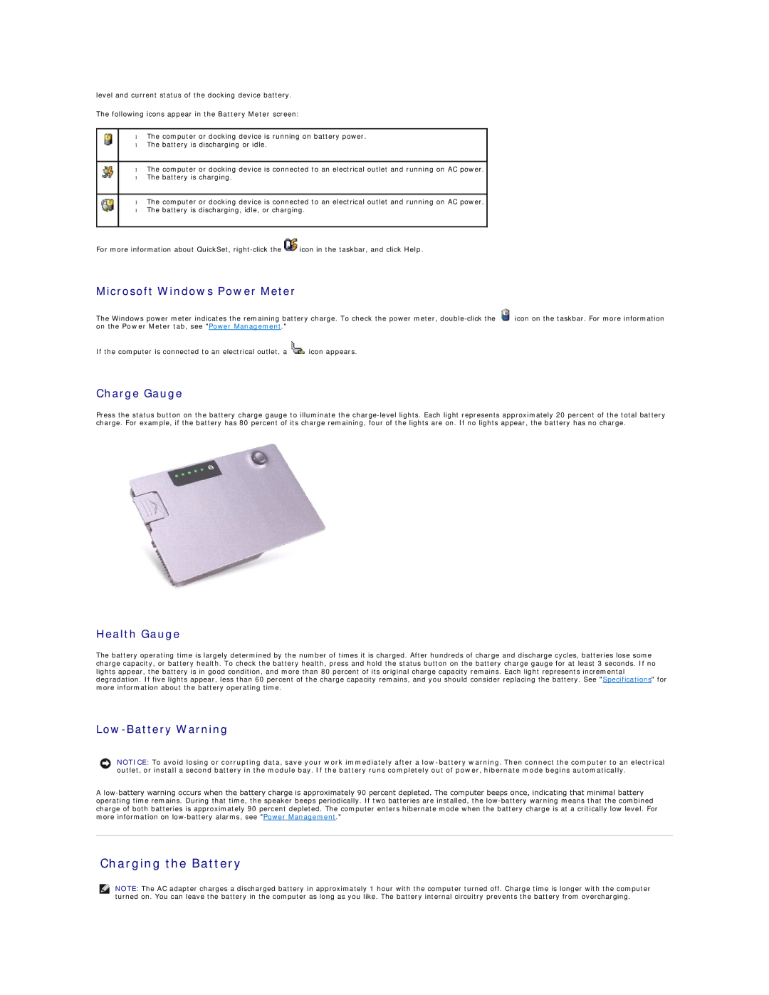 Dell D600 Charging the Battery, Microsoft Windows Power Meter, Charge Gauge, Health Gauge, Low-Battery Warning 