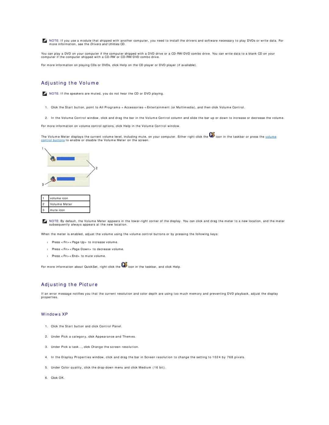 Dell D600 specifications Adjusting the Volume, Adjusting the Picture, Volume Meter 