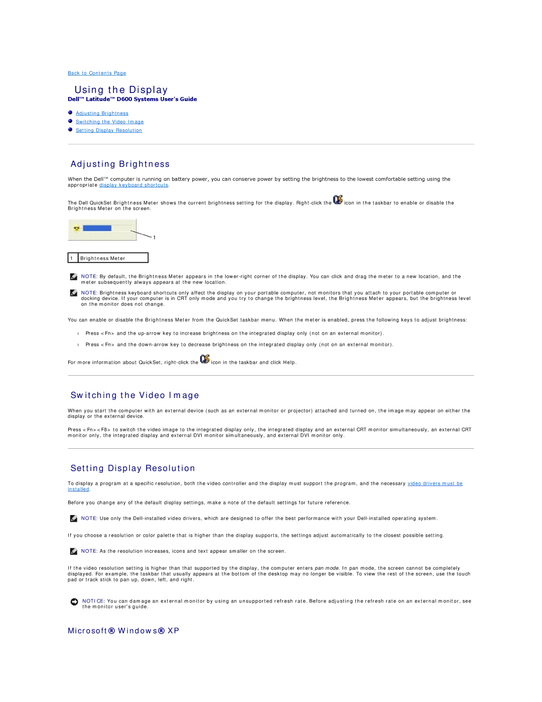 Dell D600 specifications Using the Display, Adjusting Brightness, Switching the Video Image, Setting Display Resolution 