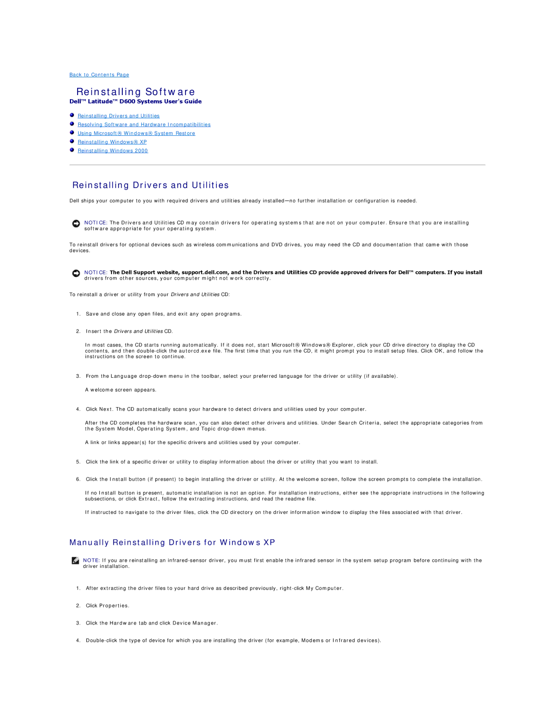 Dell D600 Reinstalling Software, Reinstalling Drivers and Utilities, Manually Reinstalling Drivers for Windows XP 