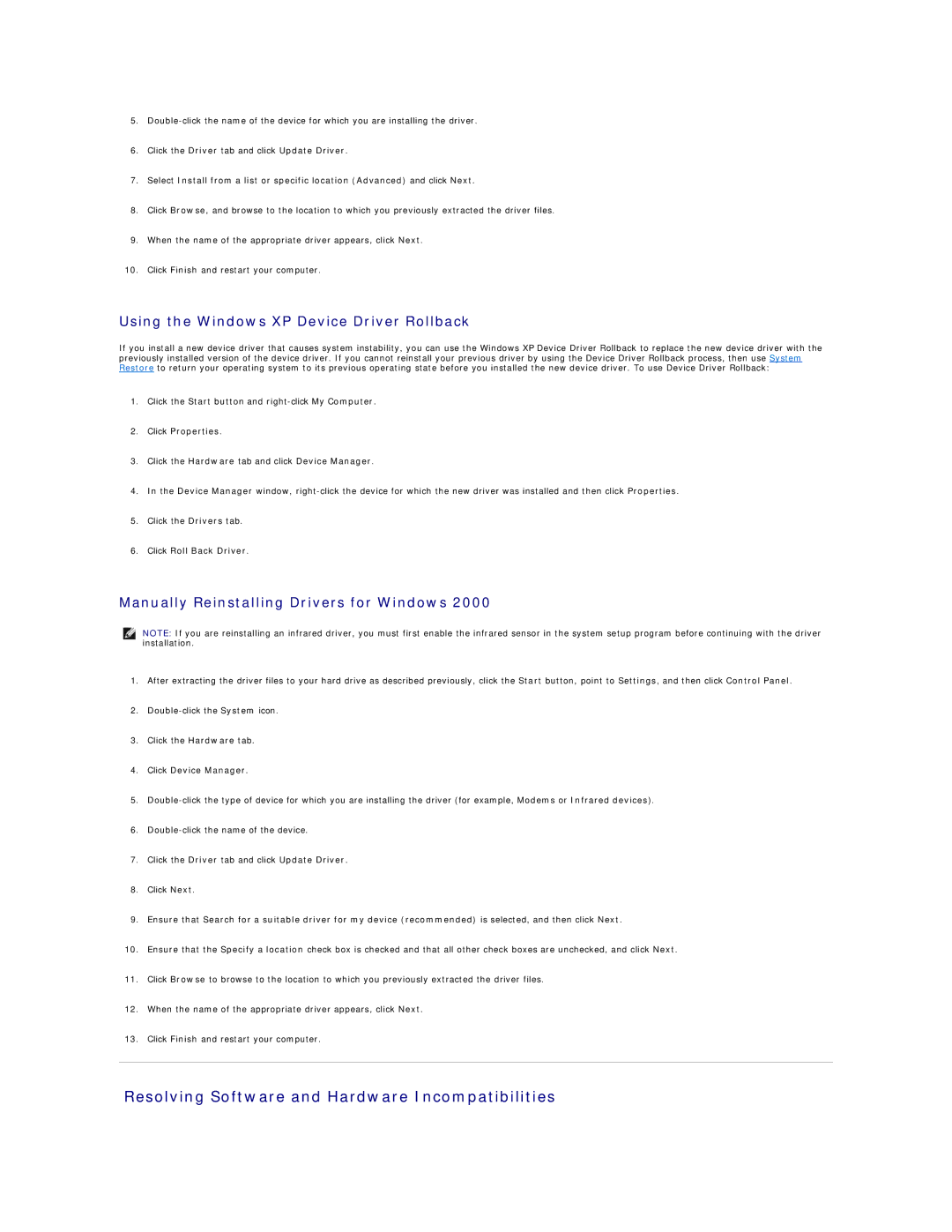 Dell D600 specifications Resolving Software and Hardware Incompatibilities, Using the Windows XP Device Driver Rollback 