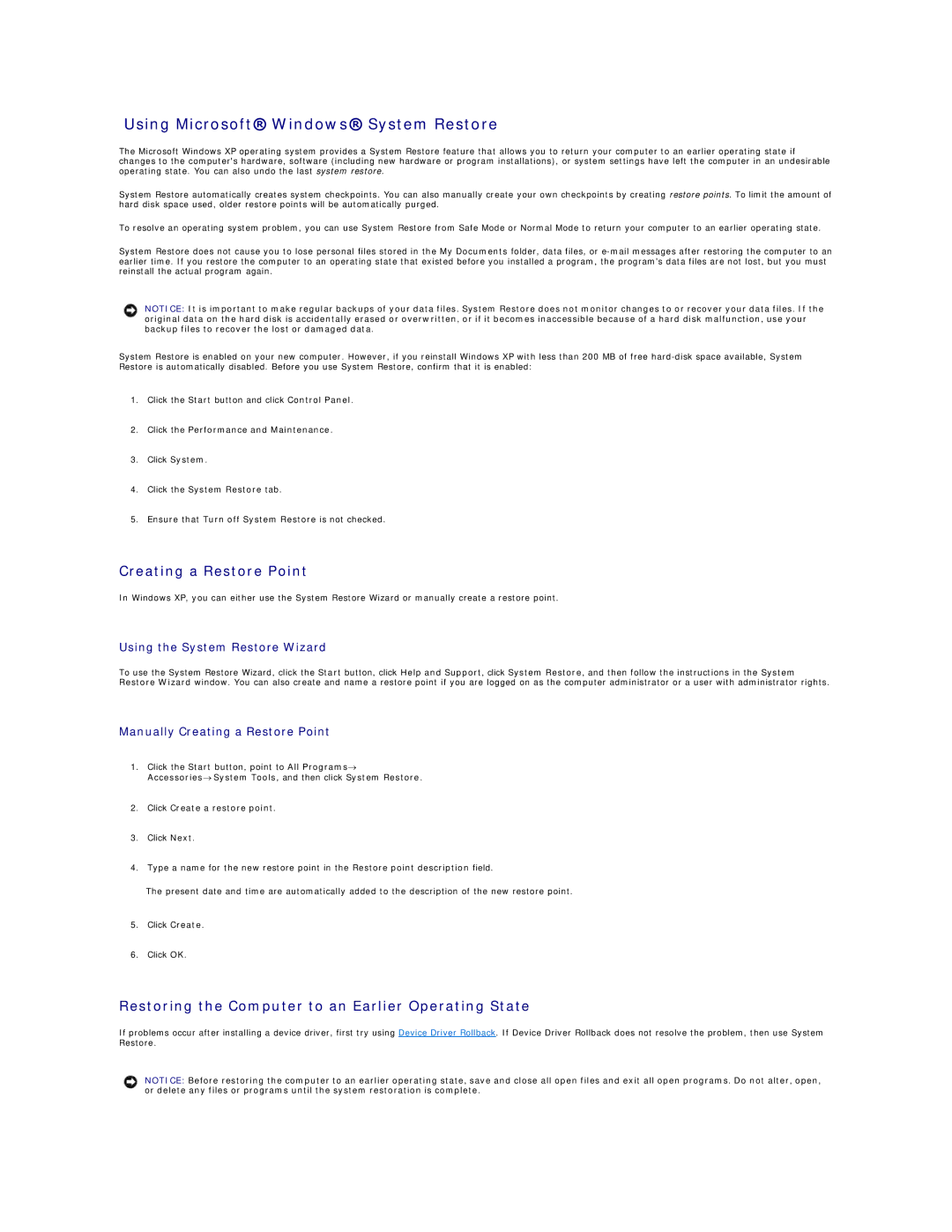 Dell D600 Using Microsoft Windows System Restore, Creating a Restore Point, Click the Performance and Maintenance 