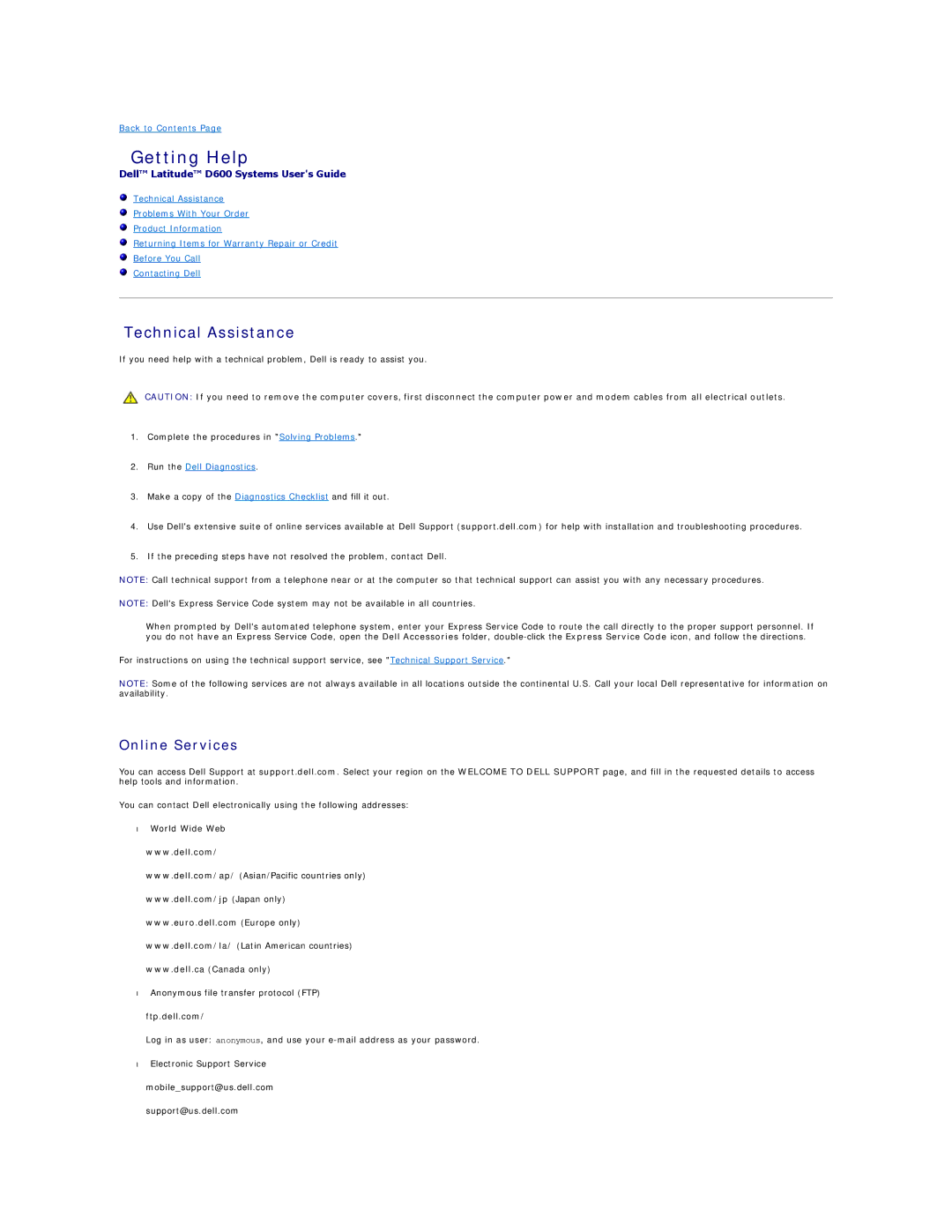 Dell D600 specifications Getting Help, Technical Assistance, Online Services, Ftp.dell.com 
