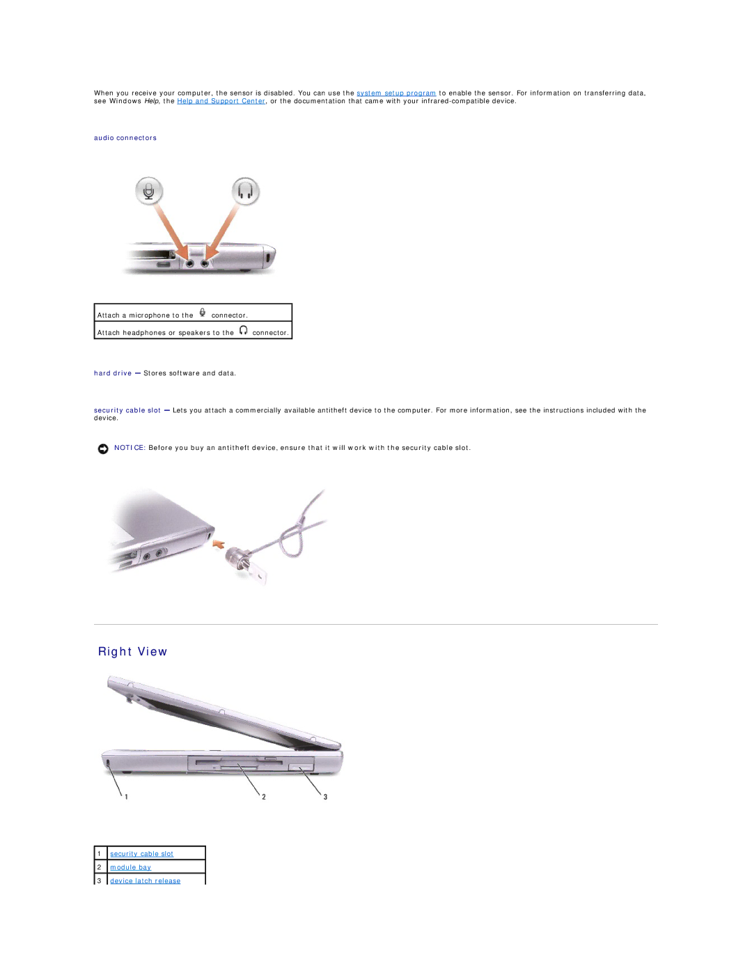 Dell D600 specifications Right View, Audio connectors 