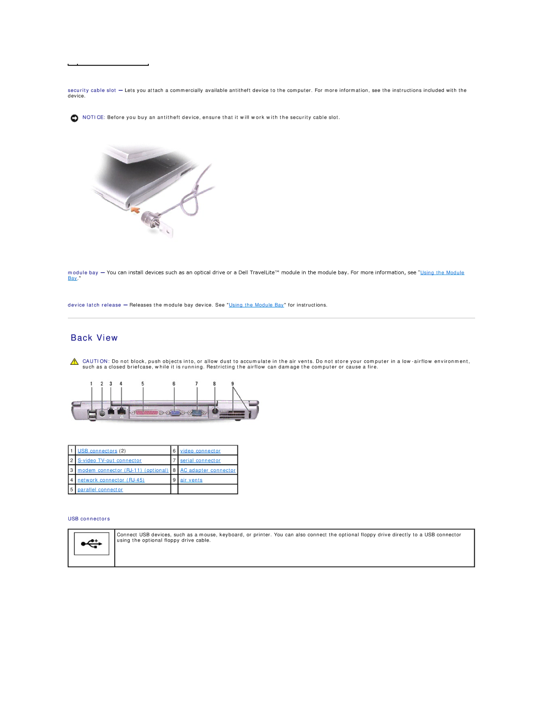 Dell D600 specifications Back View, USB connectors 