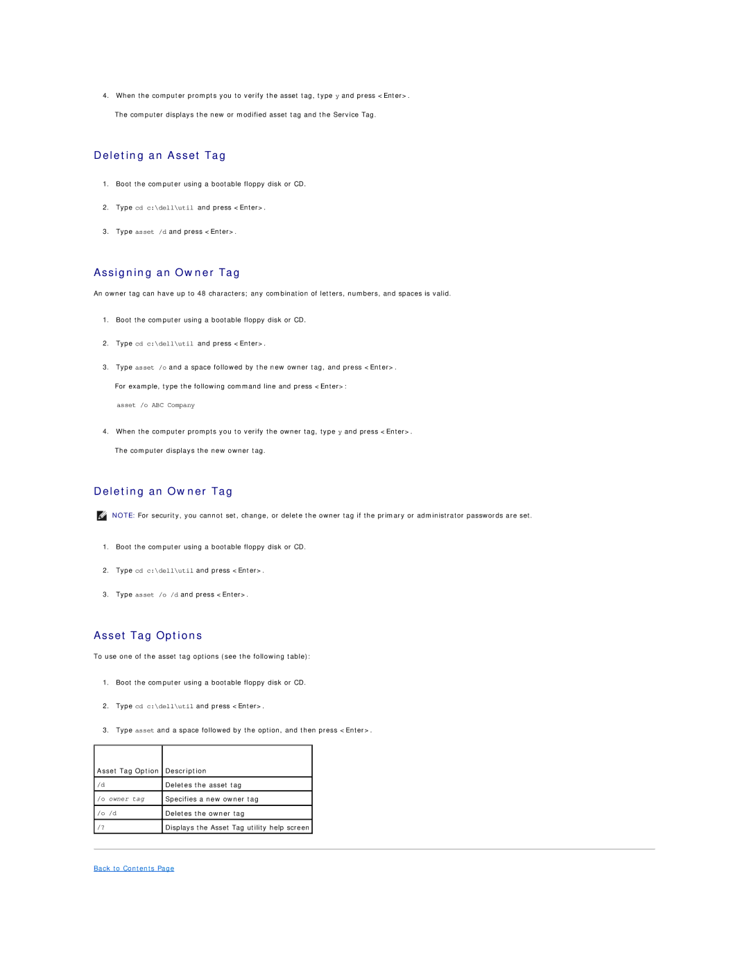 Dell D600 specifications Deleting an Asset Tag, Assigning an Owner Tag, Deleting an Owner Tag, Asset Tag Options 