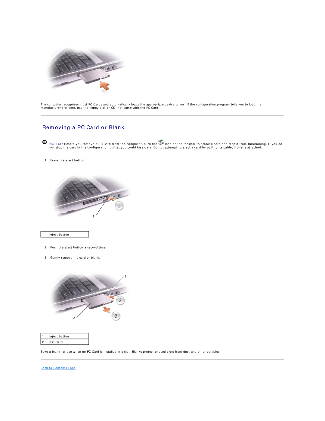 Dell D600 specifications Removing a PC Card or Blank 