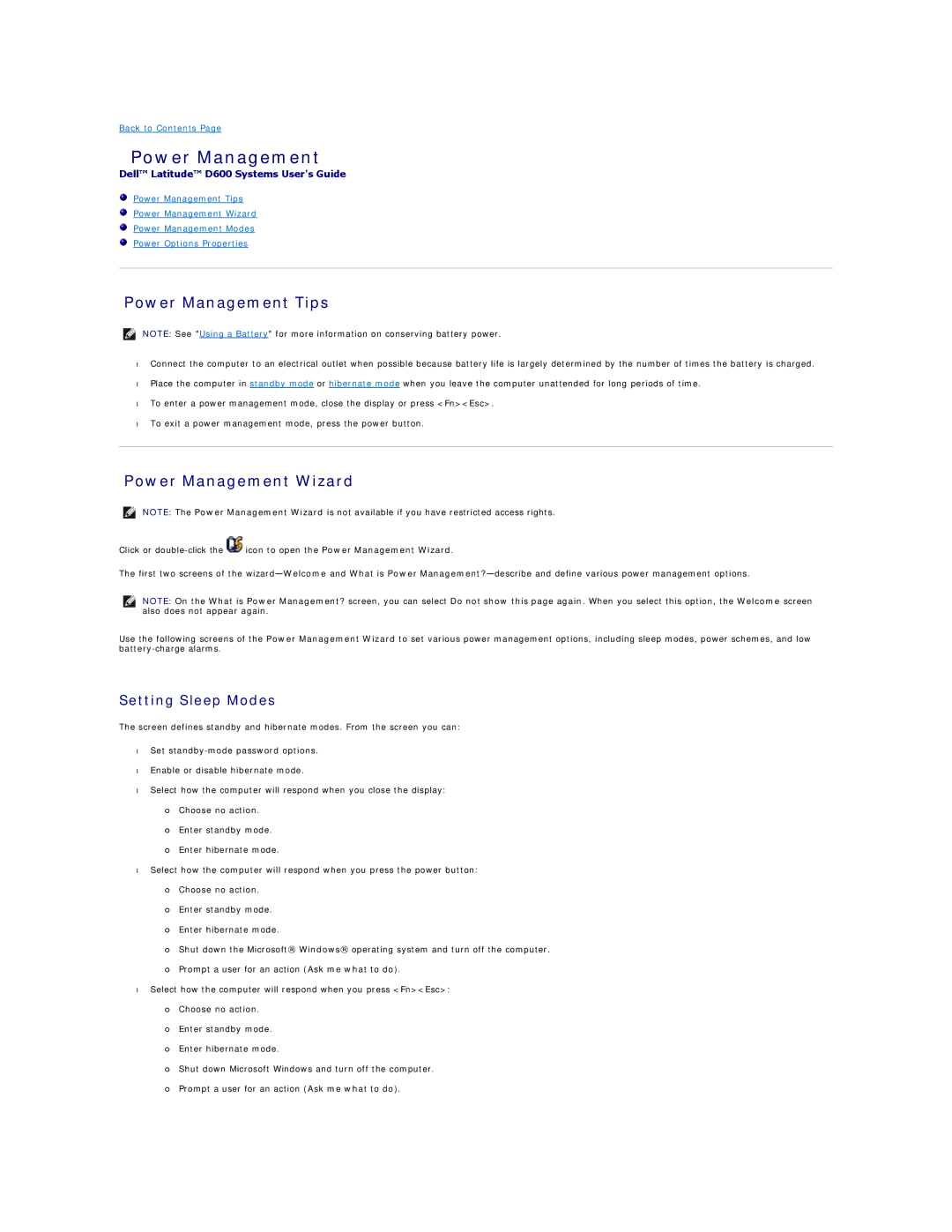 Dell D600 specifications Power Management Tips, Power Management Wizard, Setting Sleep Modes 