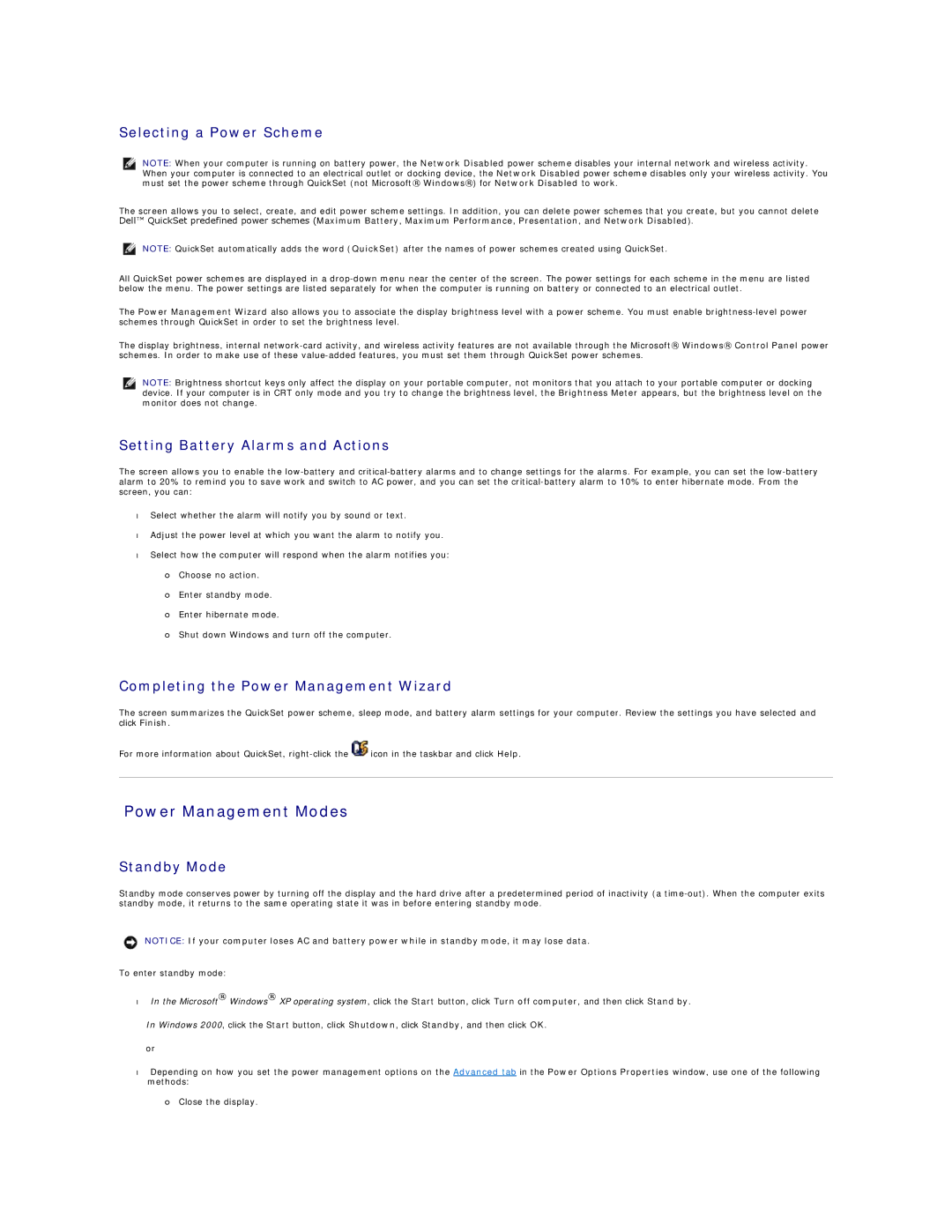 Dell D600 specifications Power Management Modes, Selecting a Power Scheme, Setting Battery Alarms and Actions, Standby Mode 