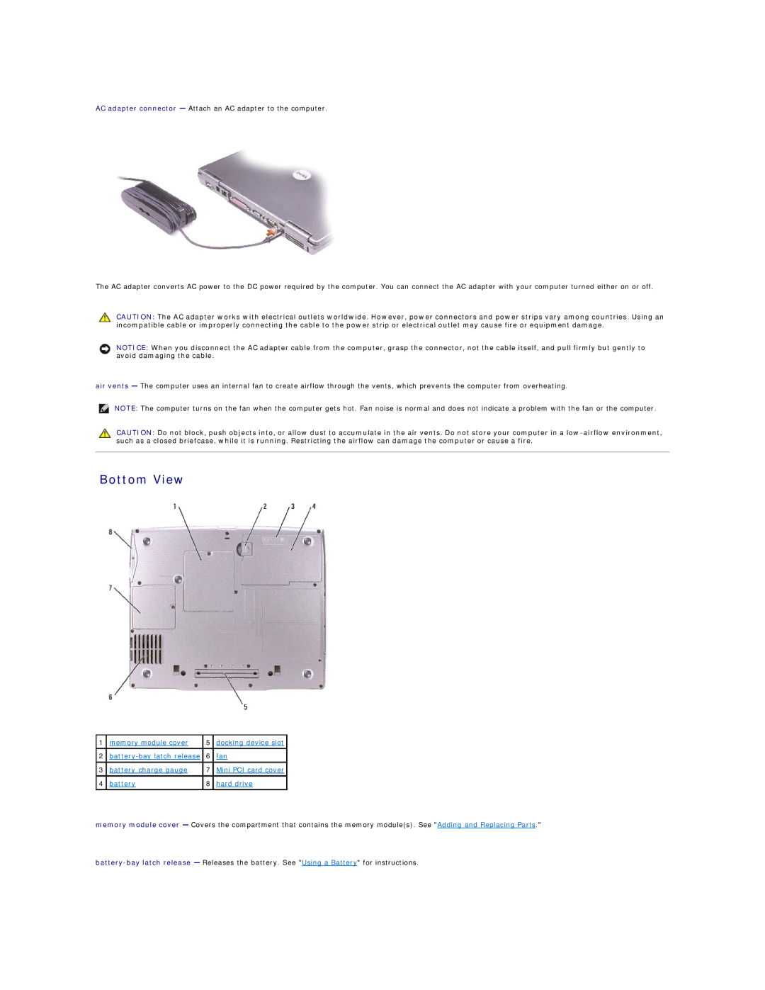 Dell D600 specifications Bottom View 