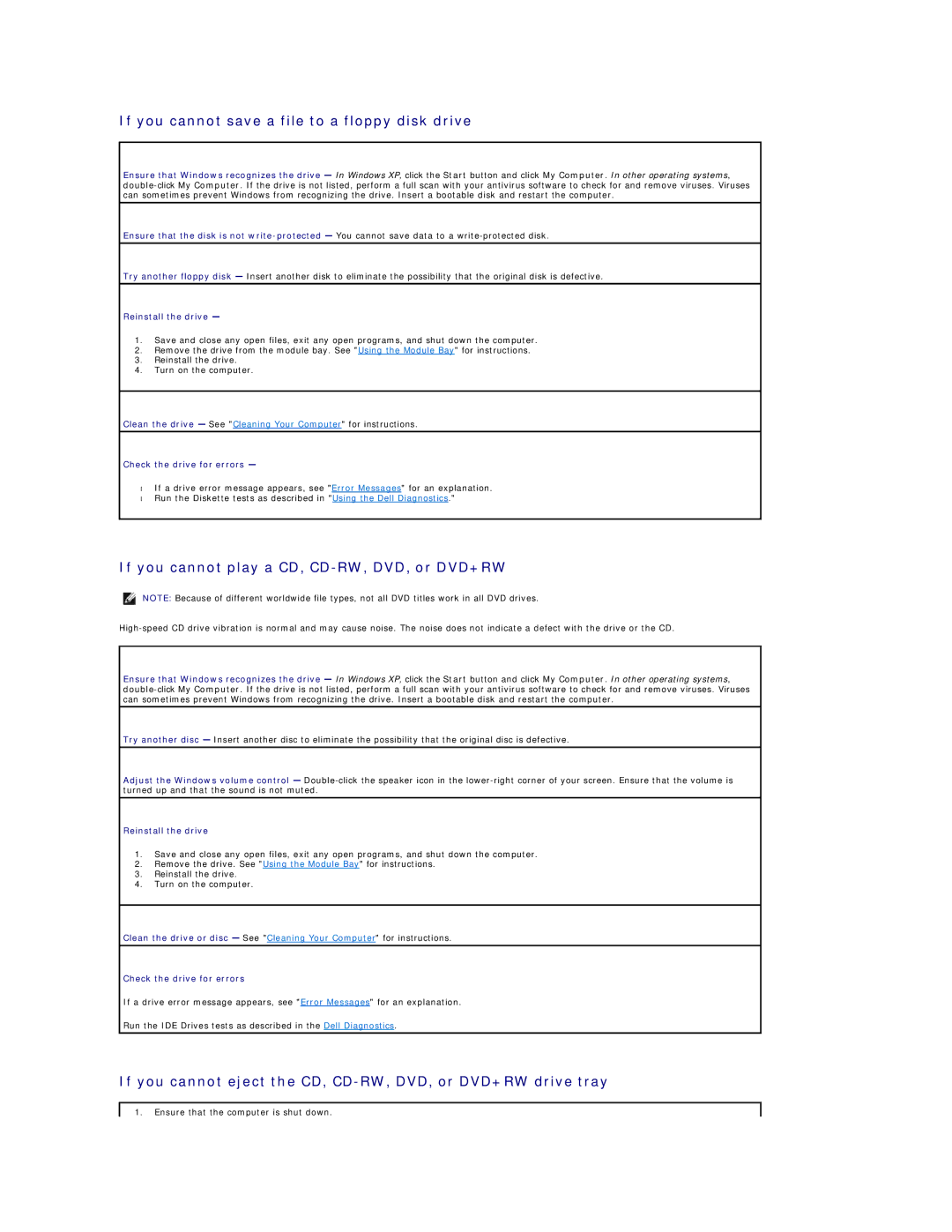 Dell D600 specifications If you cannot save a file to a floppy disk drive, If you cannot play a CD, CD-RW, DVD, or DVD+RW 