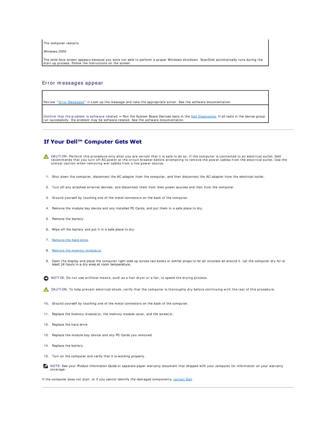Dell D600 specifications If Your Dell Computer Gets Wet, Error messages appear 
