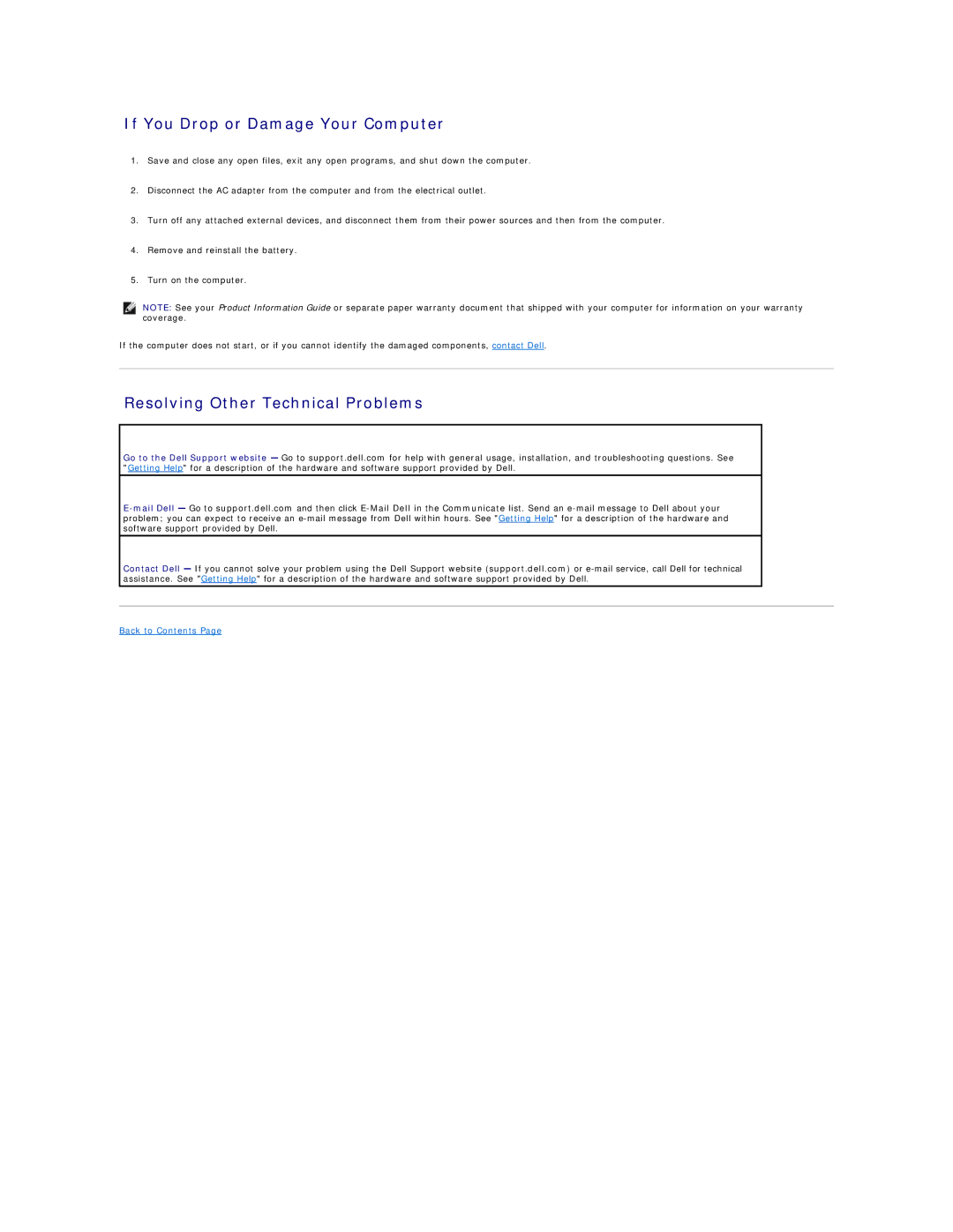 Dell D600 specifications If You Drop or Damage Your Computer, Resolving Other Technical Problems 
