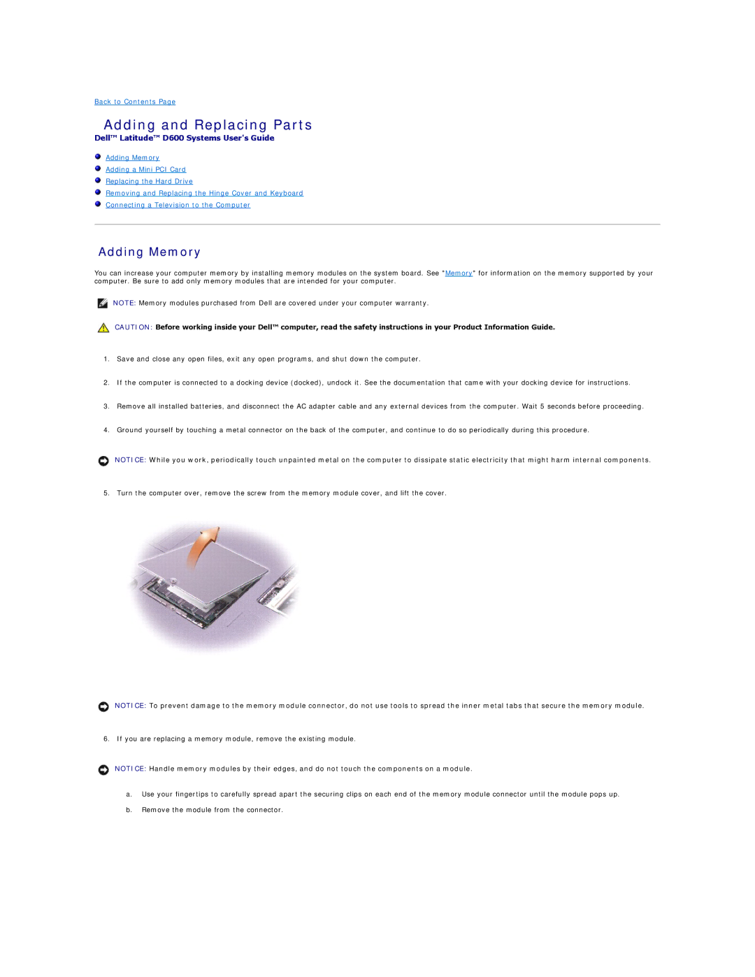 Dell D600 specifications Adding and Replacing Parts, Adding Memory 