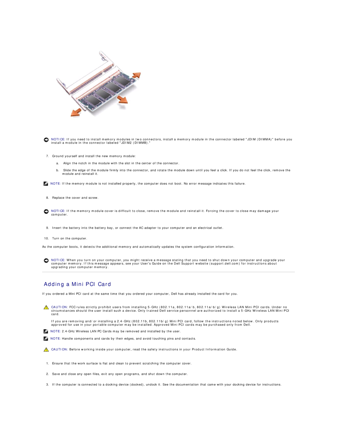 Dell D600 specifications Adding a Mini PCI Card 